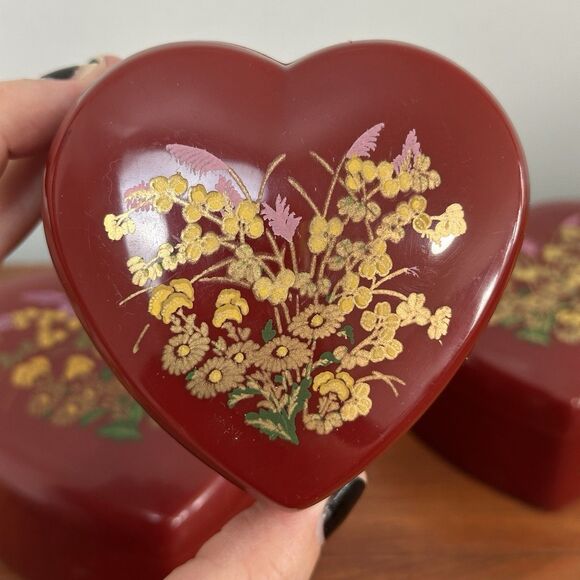 Vtg Set of 3 Heart Nesting Boxes Melamine Red Floral Lided Trinket Keepsake Dish - Picture 6 of 14